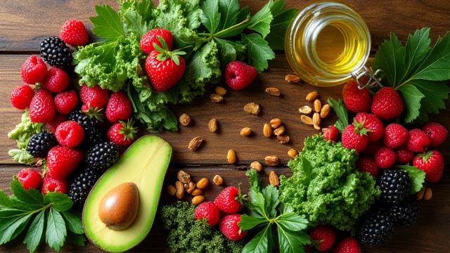A colorful spread of fresh, organic anti-inflammatory ingredients like berries, leafy greens, and nuts on a wooden table.