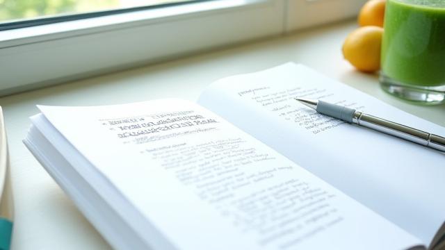 A person journaling on a desk with a healthy green smoothie and a book titled 'The Longevity Blueprint' in soft focus.