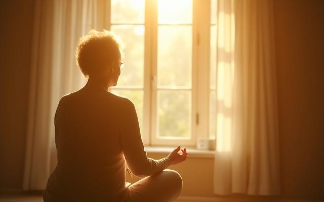 A serene individual meditating by a sun-dappled window, representing inner peace and mindfulness.